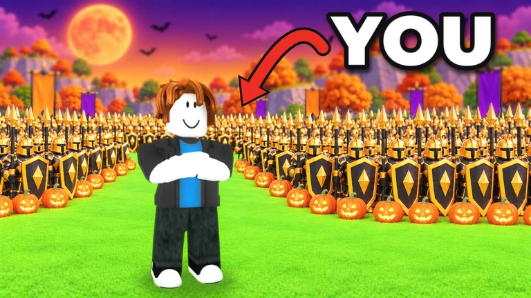 Roll A Stickman official game artwork Roll A Stickman official artwork showing a Roblox avatar in front of an army in an autumn setting